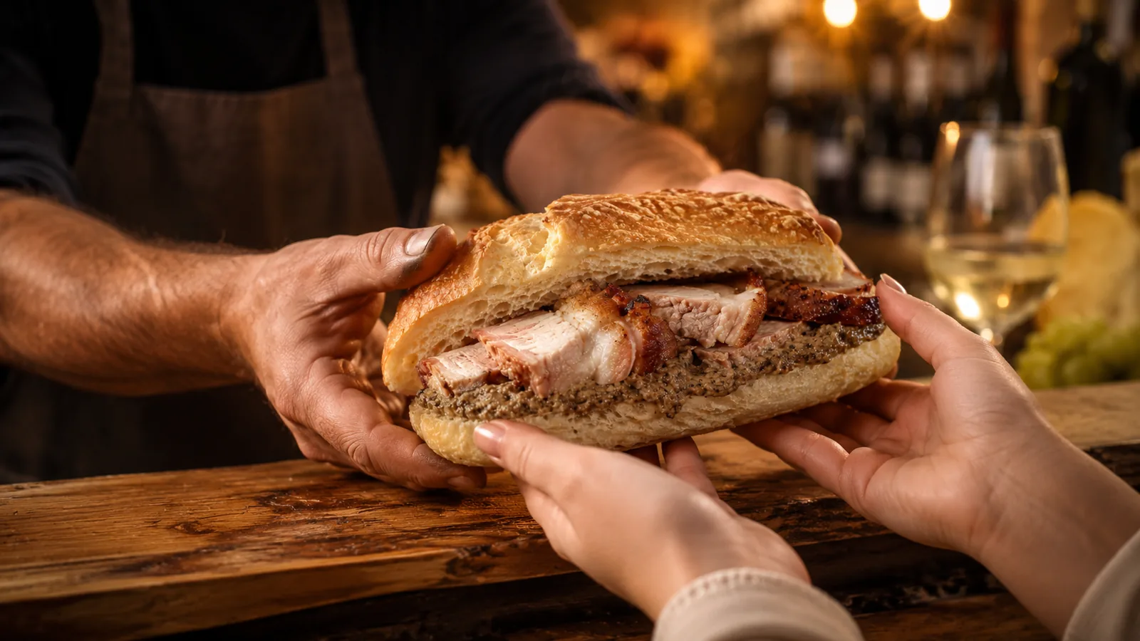 Commerciante che consegna un panino a un cliente allo stand della fiera