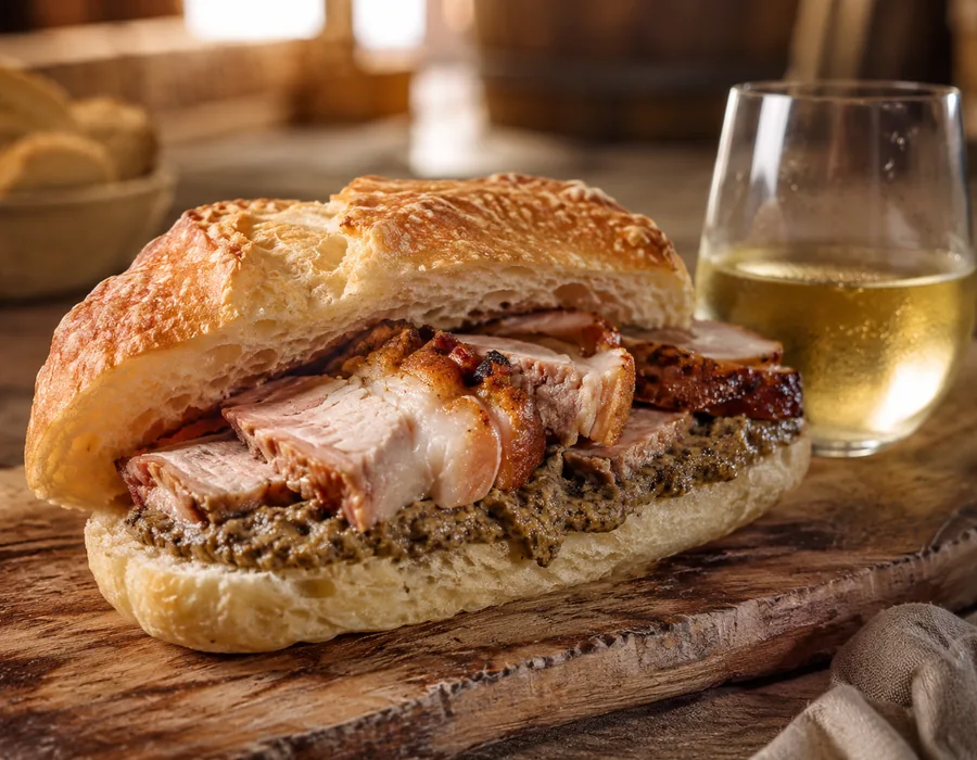 Panino con porchetta e vino bianco